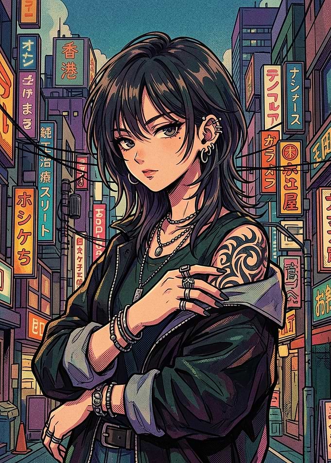 Edgy Anime Girl in Neon City
