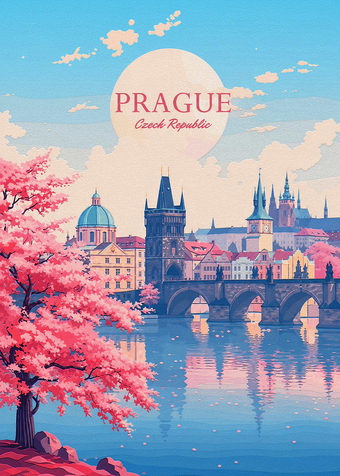 Prague Travel Poster with Cherry Blossoms