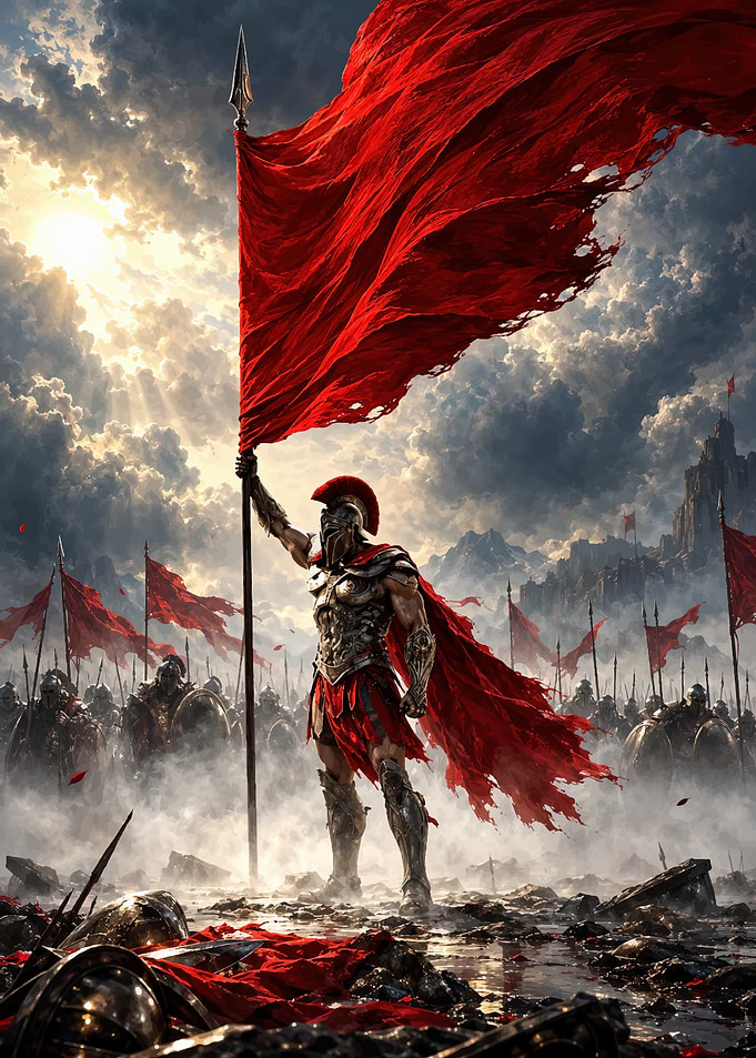 Spartan Warrior Holding Red Flag