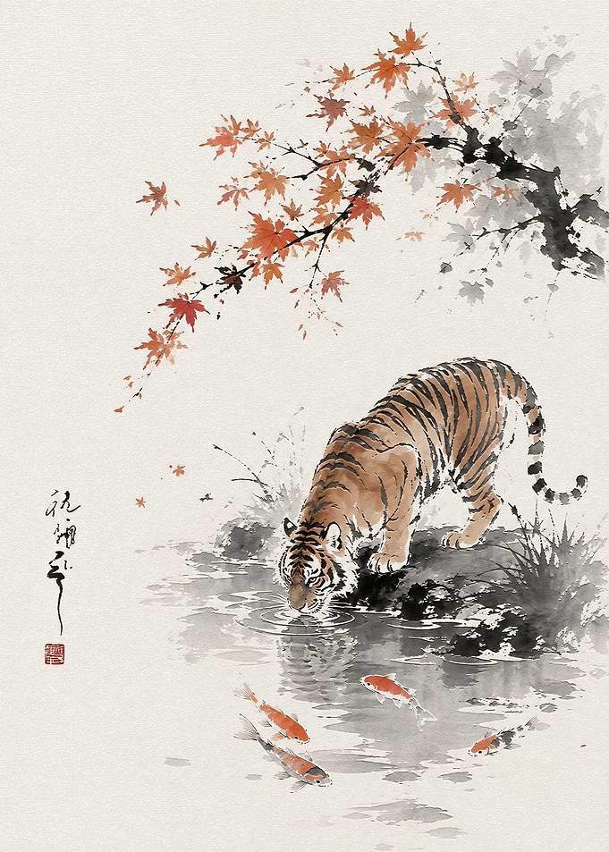 Tiger Drinking by Koi Pond