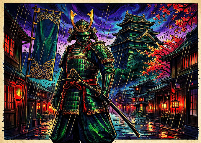 Samurai Standing in Rainy Japanese Village
