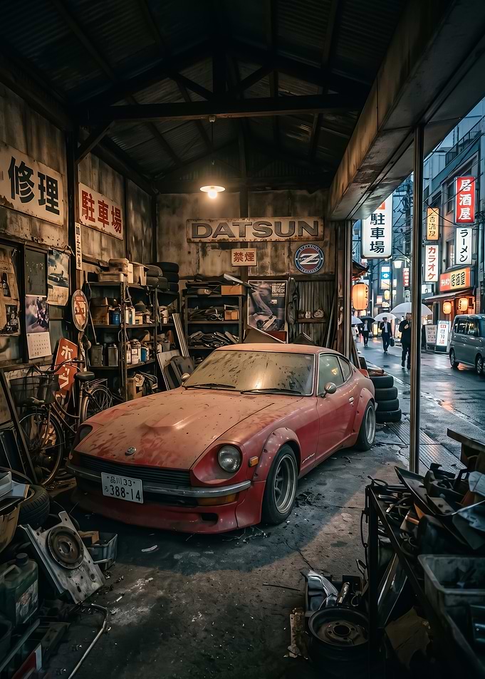 old Dusty Red Datsun in Japanese Garage