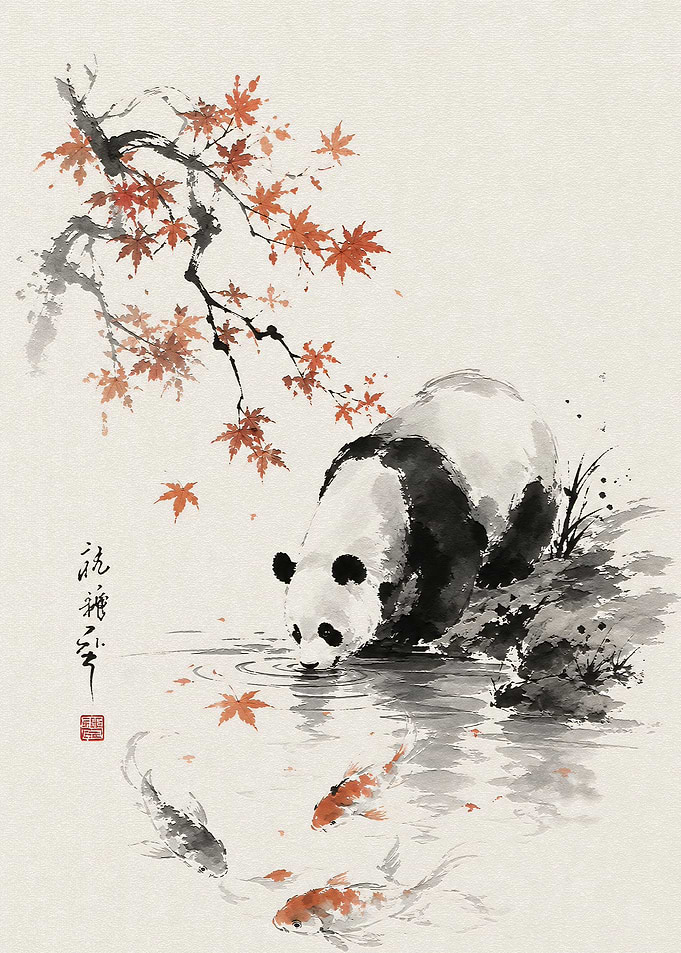 Panda Drinking by Koi Pond