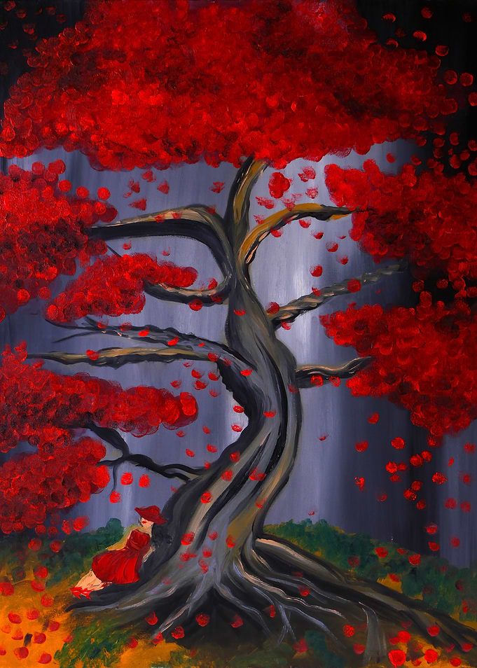 Woman Resting Under Red Tree