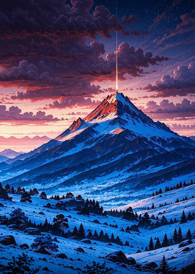 Snowy Mountain Peak with Light Beam Landscape