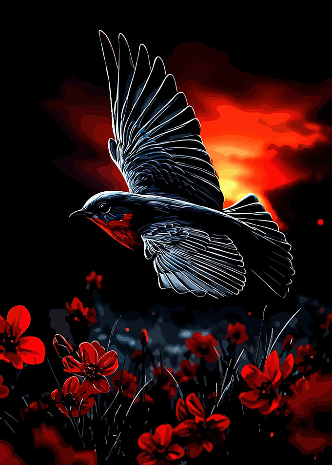 Bird Flying Over Red Flowers