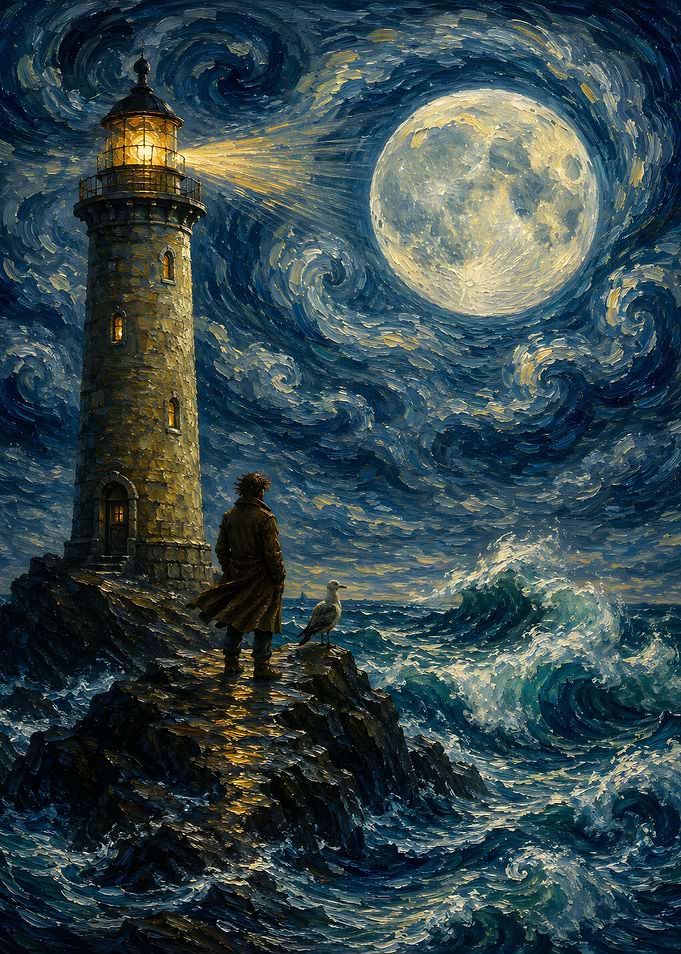 Lighthouse by the Sea at Night