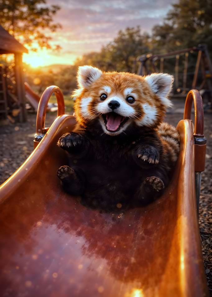 Joyful Red Panda on a Playground Slide