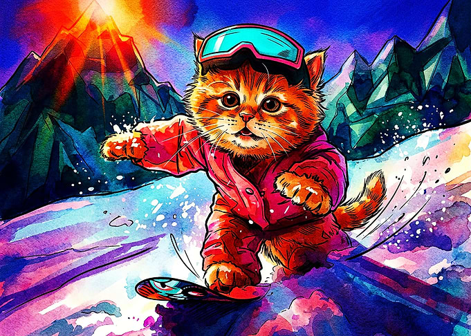 Cute Kitten Snowboarding in Mountains