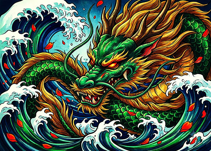 Majestic Japanese Dragon in Ocean Waves