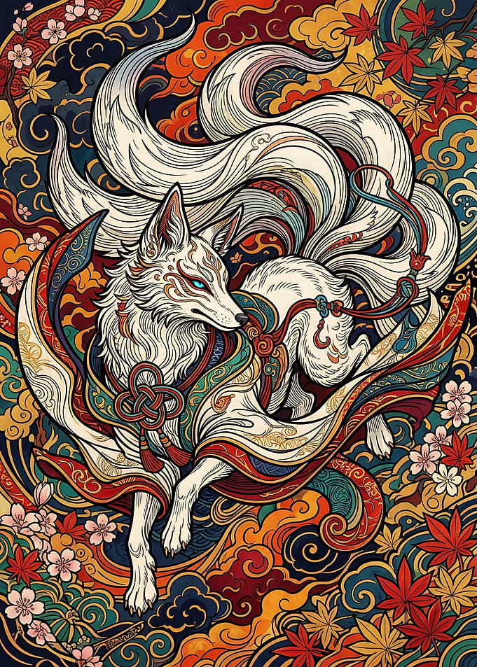 Nine-Tailed Kitsune in Traditional Attire