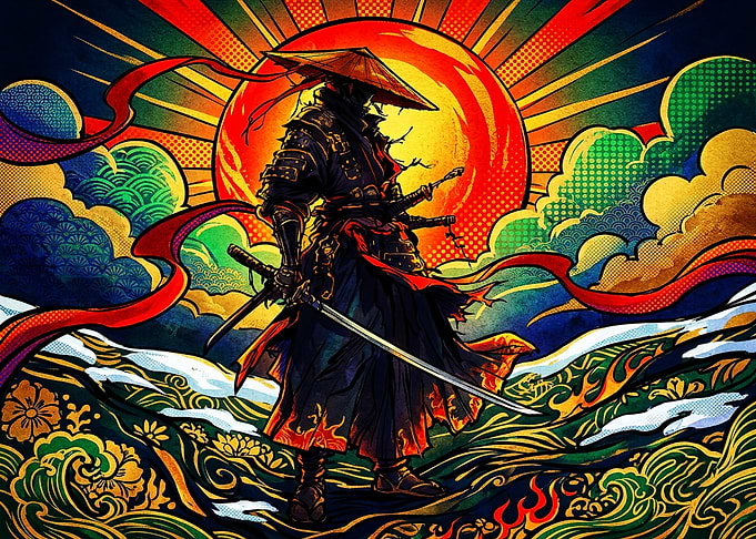 Vibrant Samurai Warrior Under Rising Sun