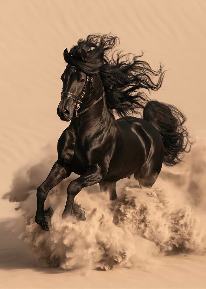 Majestic Black Horse Running in Sand