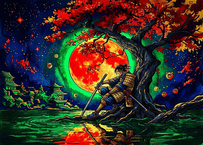 Samurai Resting Under Red Moon