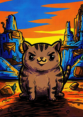 Chibi Tabby Cat in Desert Landscape