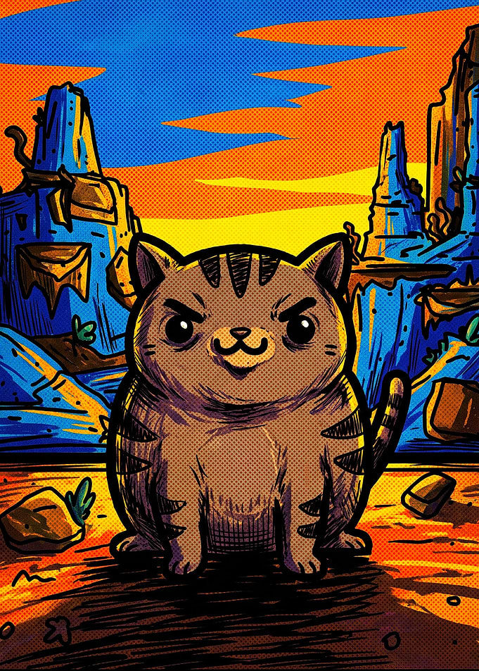 Chibi Tabby Cat in Desert Landscape