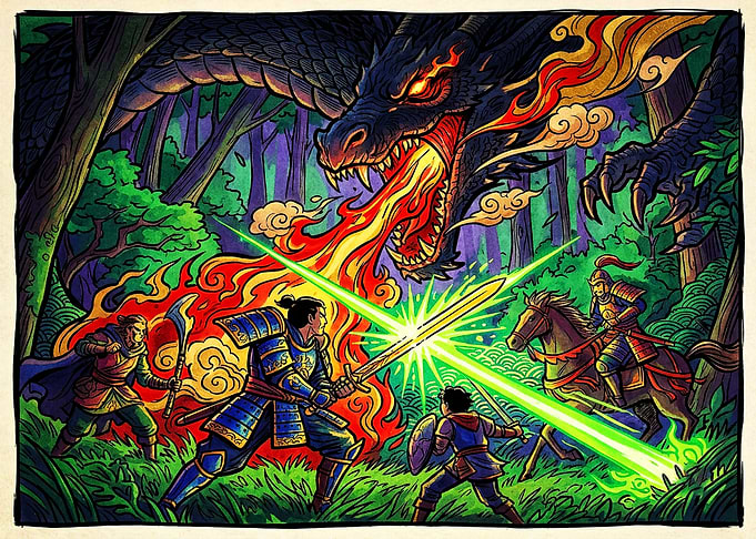 Samurai Warriors Battling a Dragon