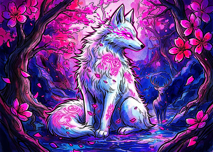 Mystical Wolf in Cherry Blossom Forest
