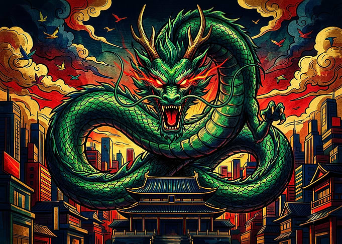 Green Dragon Over Traditional Cityscape
