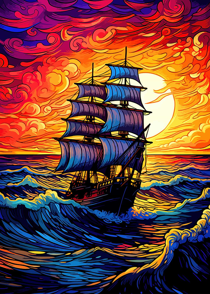 Vibrant Sailing Ship at Sunset
