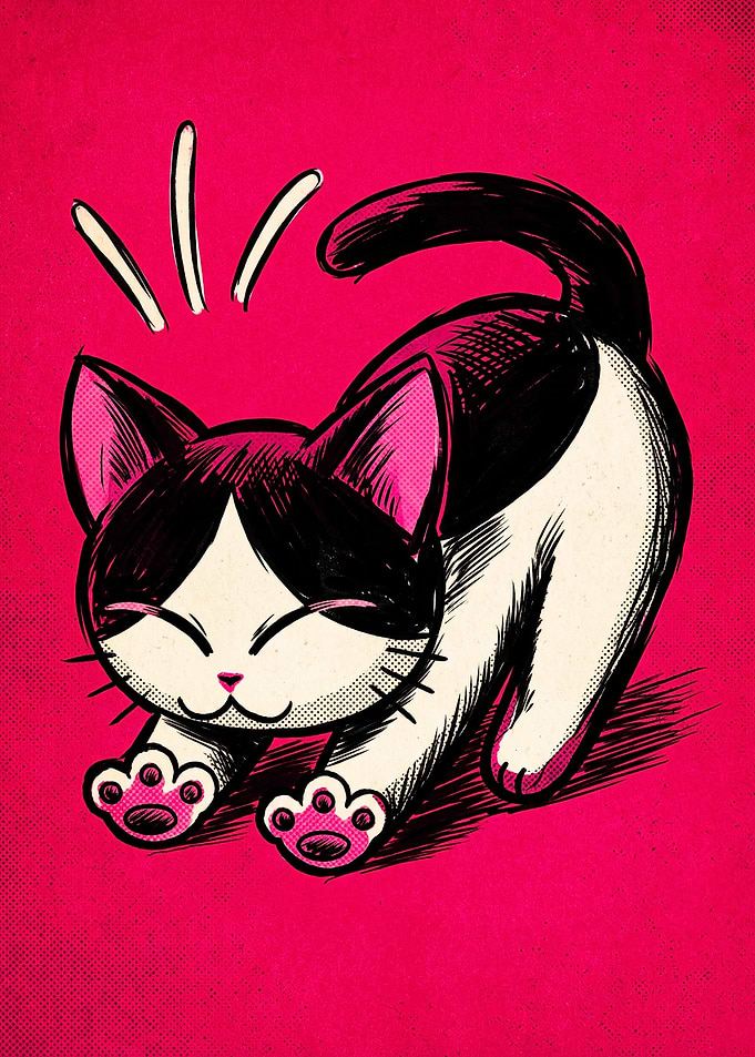 Cute Stretching Tuxedo Cat Illustration