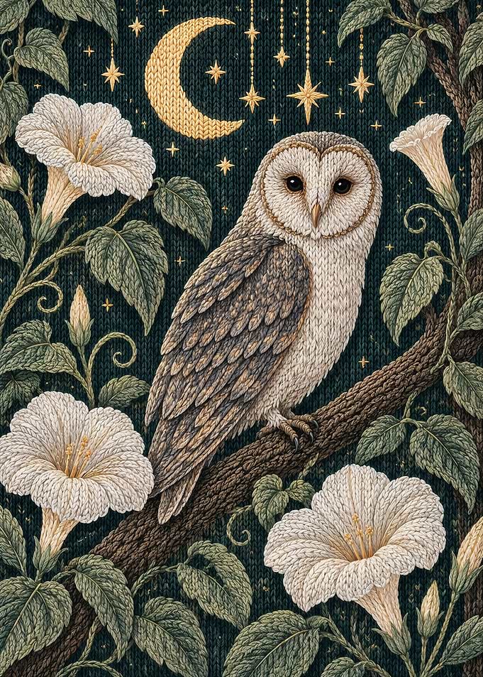 Knitted Celestial Owl Under the Moon