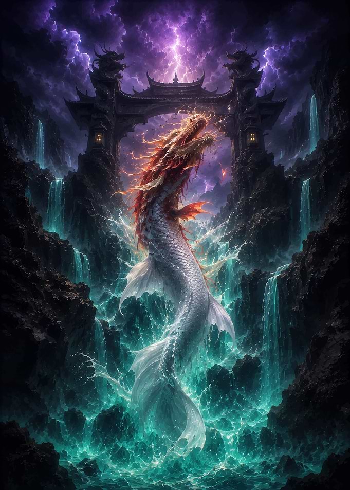 Dragon Koi Ascending Waterfall