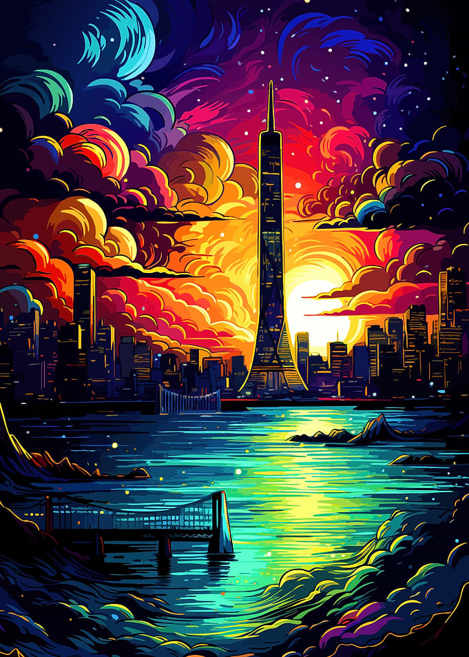 Vibrant Neon Cityscape Sunset