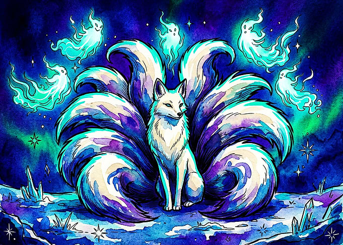 Nine-Tailed Fox Spirit in Watercolor