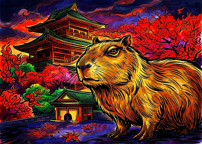 Capybara at Japanese Temple Art