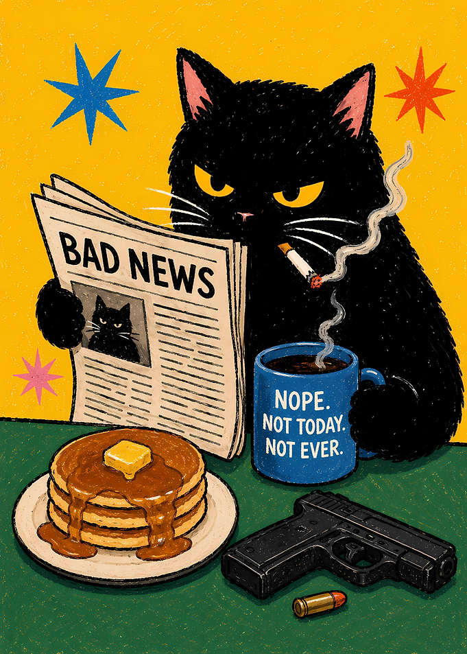 Grumpy Black Cat Breakfast Scene