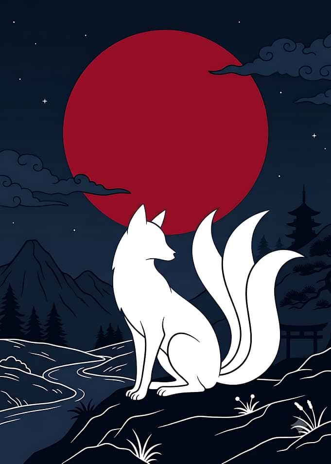 Kitsune Fox Under Red Moon