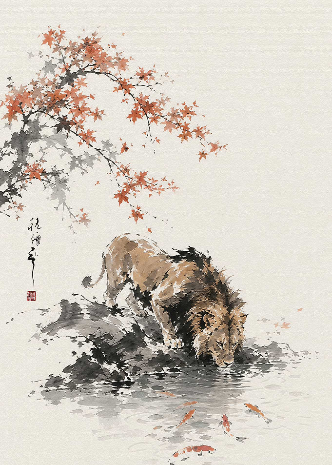 Lion Drinking by Koi Pond