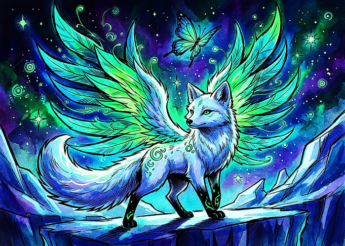 Mystical Winged Fox in Cosmic Landscape