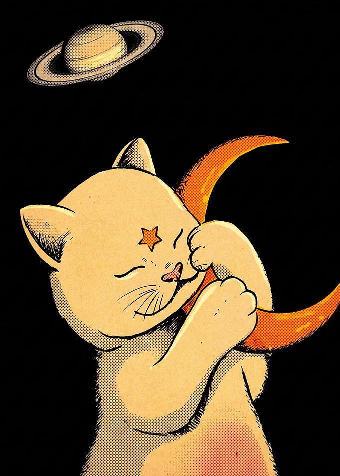 Cute Cat Hugging Crescent Moon