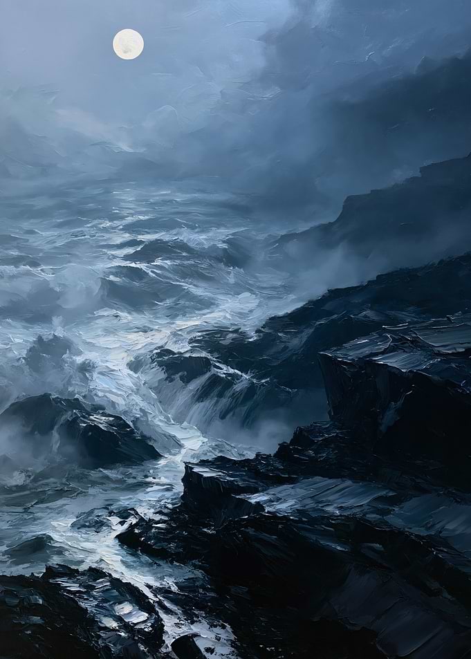Moonlit Stormy Ocean Cliffs