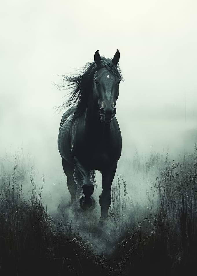 Majestic Black Horse in Fog