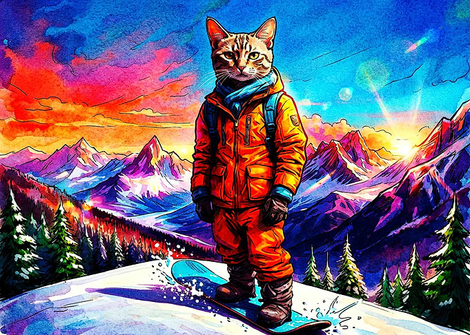 Cat Snowboarder in Vibrant Mountains