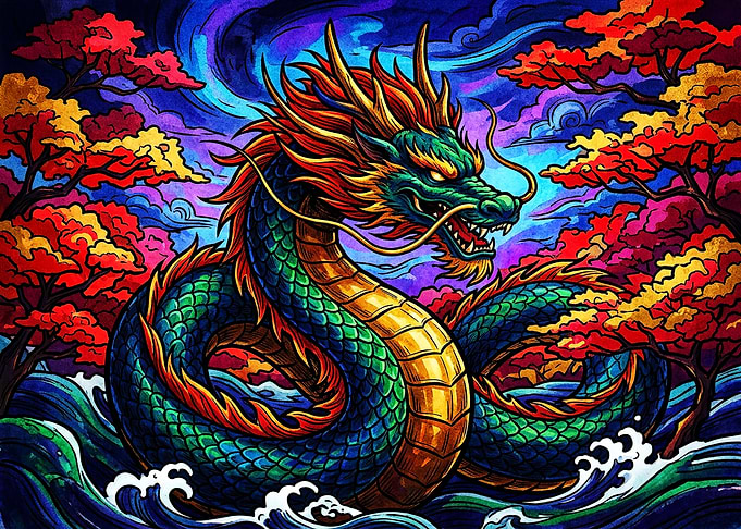 Vibrant Eastern Dragon in Stormy Waters