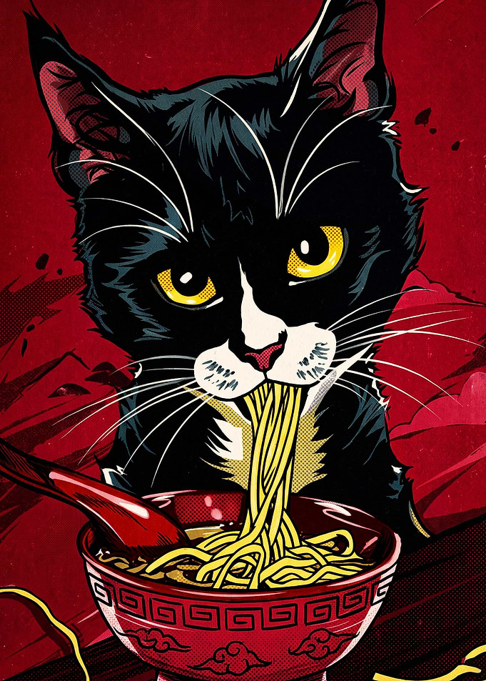 Black Cat Eating Ramen Illustration
