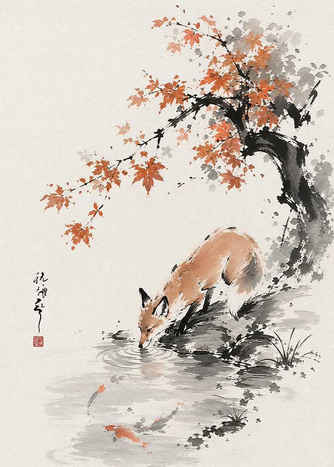Fox Drinking by a Koi Pond