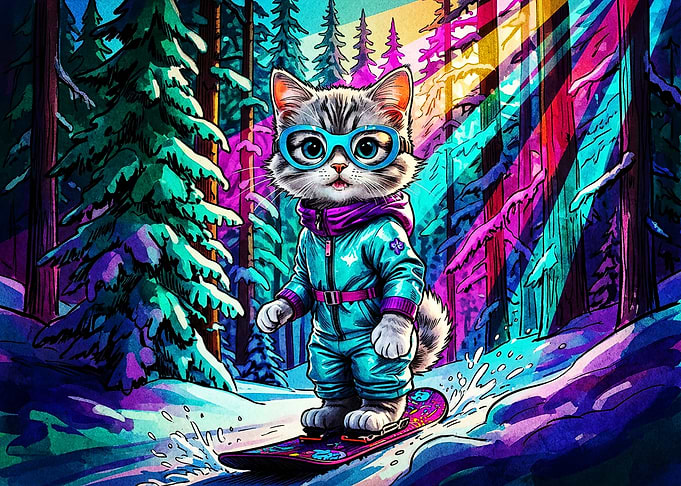 Cute Cat Snowboarding in Neon Forest