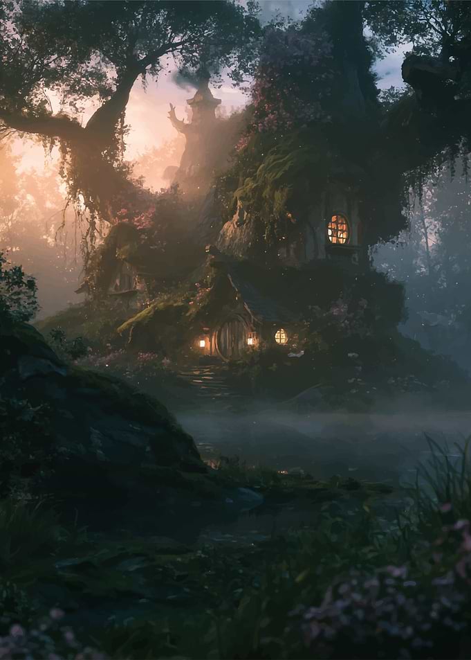 Enchanted Treehouse in Misty Forest