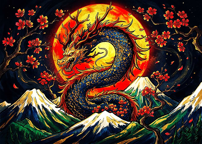 Japanese Dragon and Mount Fuji Art