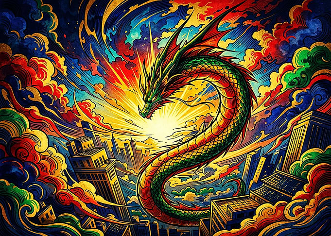 Vibrant Dragon Over Modern Cityscape