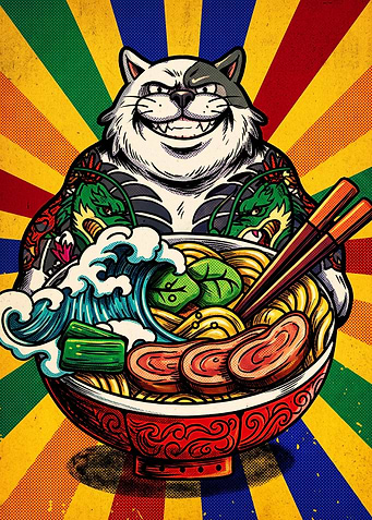 Tattooed Cat Eating Ramen Bowl