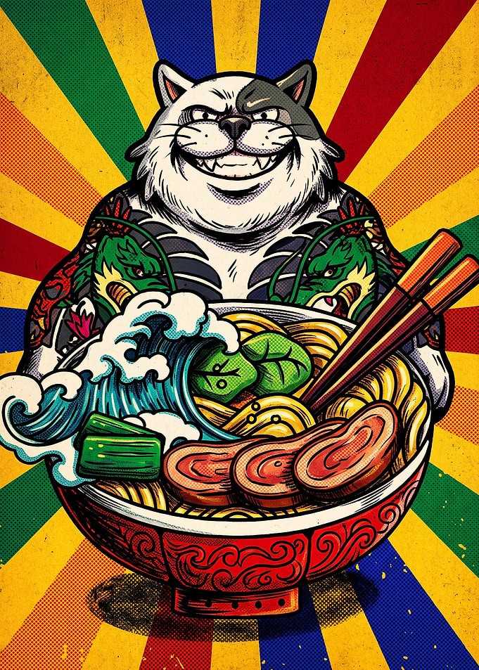 Tattooed Cat Eating Ramen Bowl