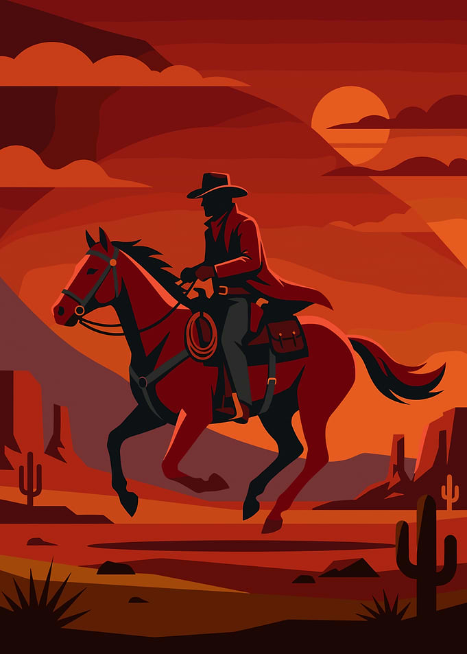 Lone Cowboy Riding Through Desert Sunset