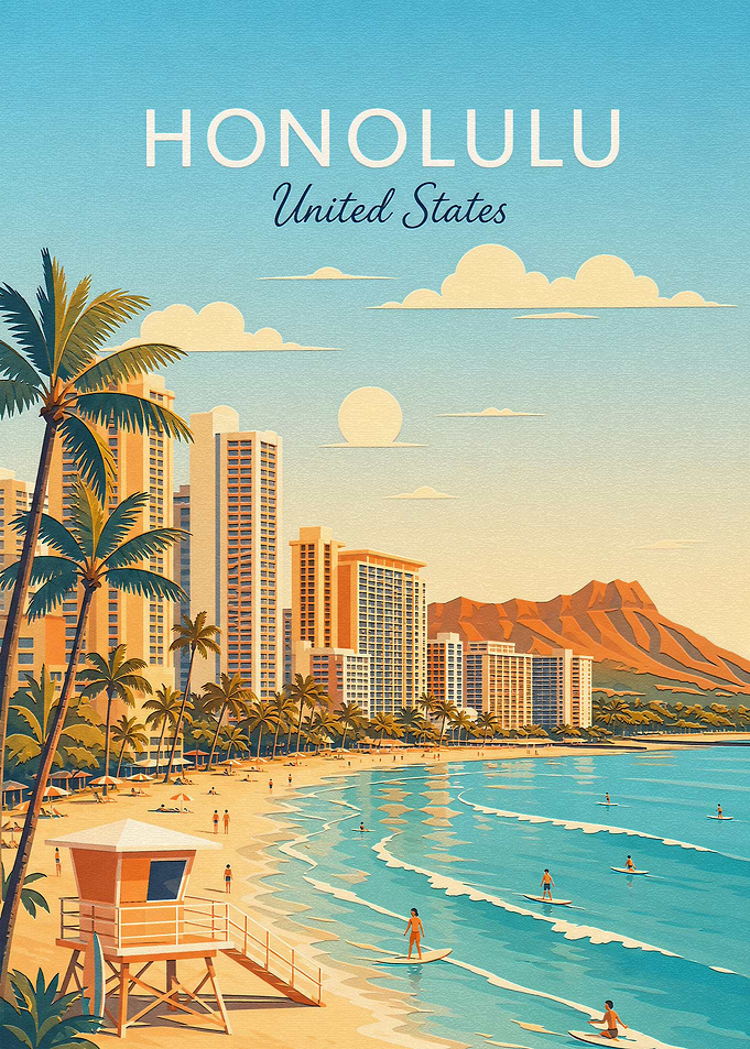 Vintage Honolulu Hawaii Travel Poster