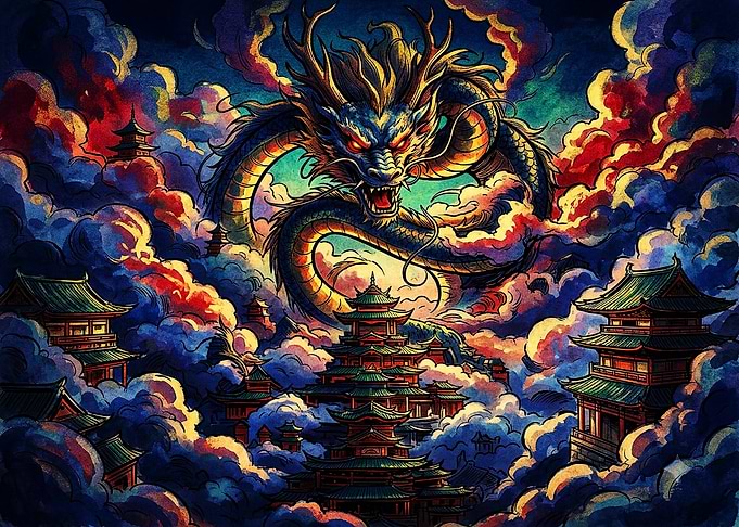 Majestic Dragon Over Ancient Temple City